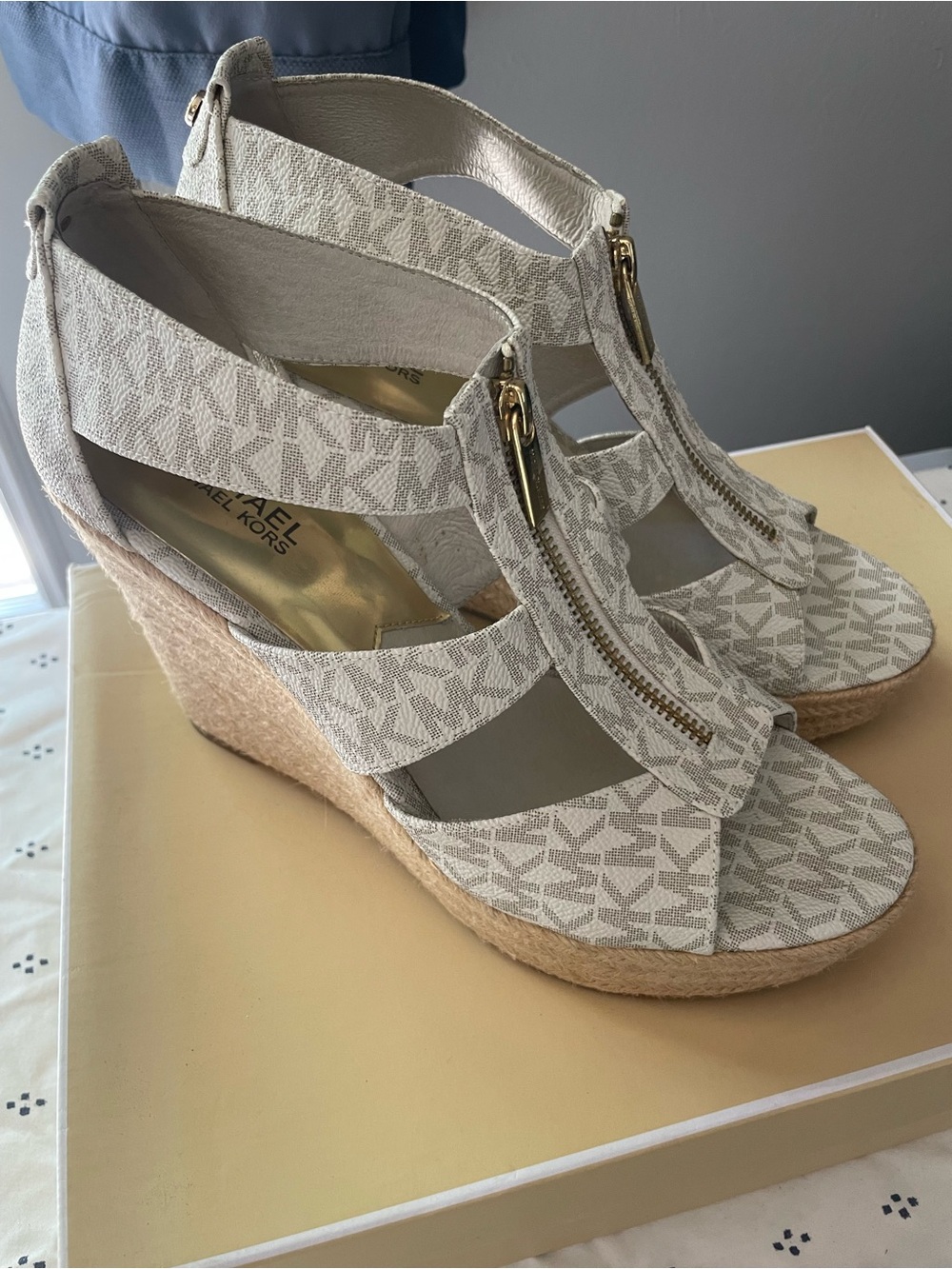 Michael Kors Beige/White MK Logo Espadrille Wedge Sandals